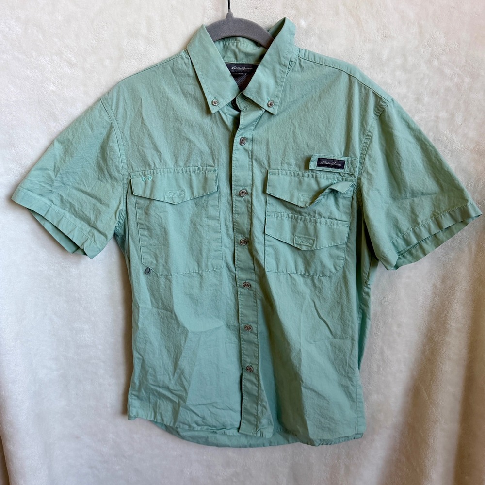 Eddie Bauer Mens Sage Green Short Sleeve Vented Fishing Guide Shirt Size Sm